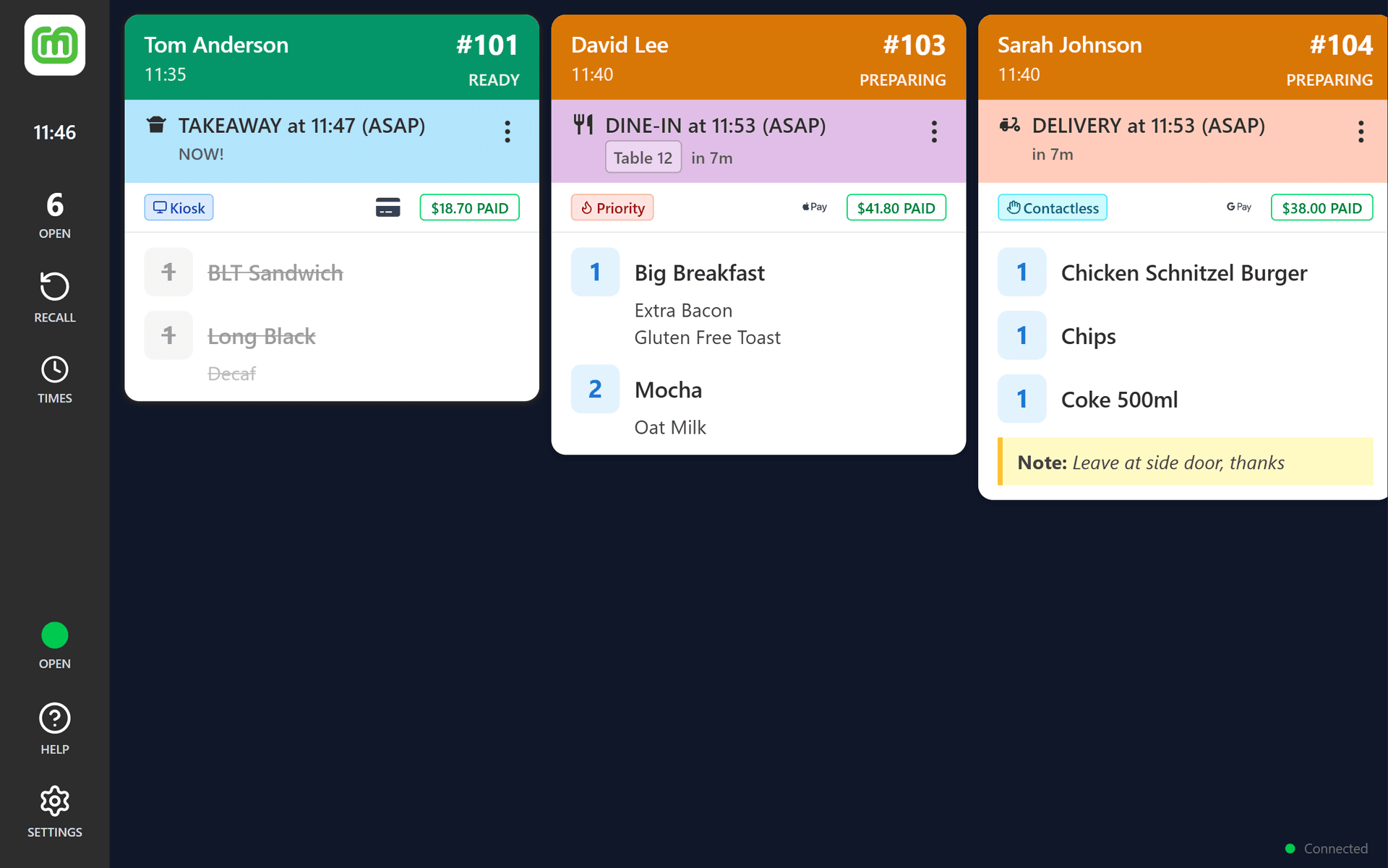 Kitchen display showing live order cards